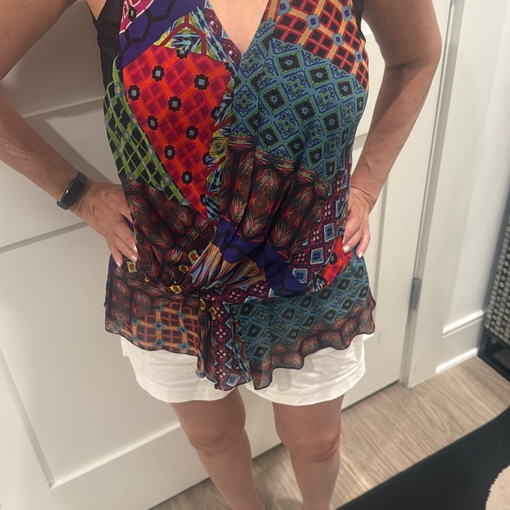 Nicole Miller Artelier Line Multi-Color Asymmetrical Sleeveless Drop Waist Top